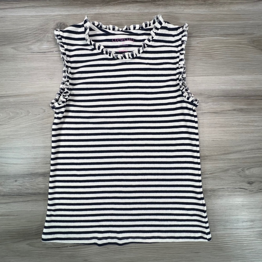 Crewcuts Girls XL (12-14)‎ Navy White Striped Ruffle Trim Sleeveless Top